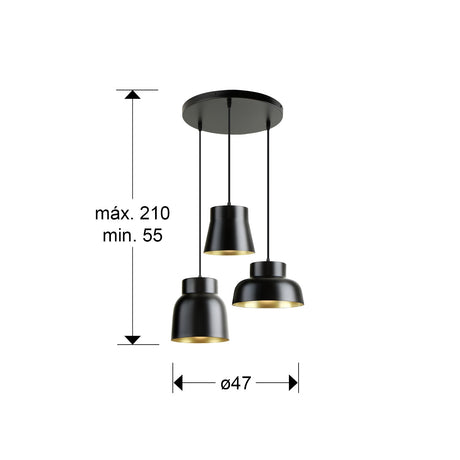 Lámpara de techo colgante Schuller Vulcano 3 luces negro Ø47cm 13581 dimensiones