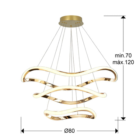 Lámpara de techo colgante de 3 aros Schuller Naos oro rosa 3000K regulable con mando 151038D dimensiones