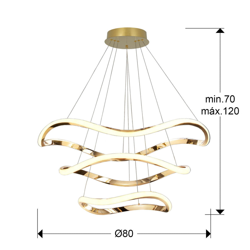 Lámpara de techo colgante de 3 aros Schuller Naos oro rosa 3000K regulable con mando 151038D dimensiones