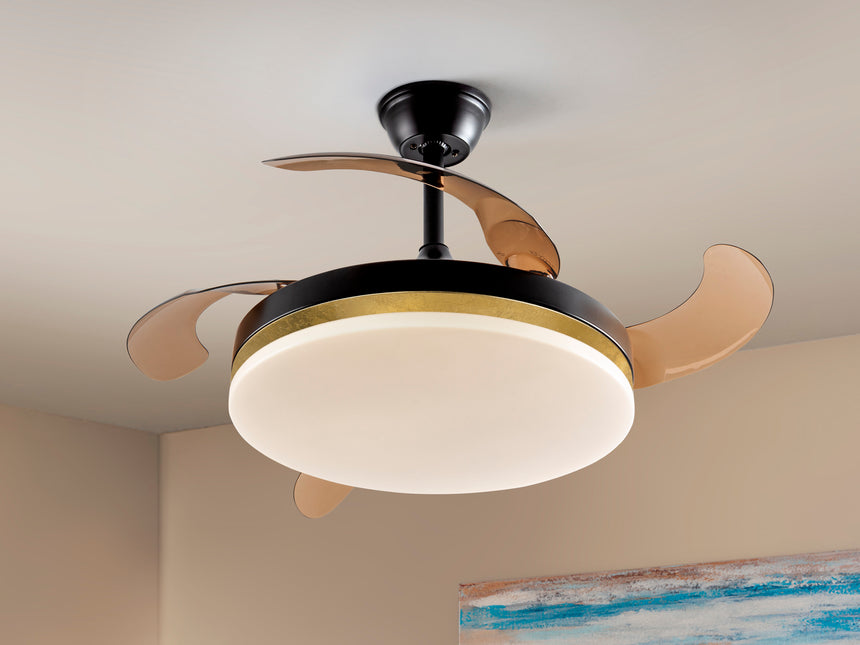 Ventilador de techo plafón retráctil Schuller Vento LED negro y pan de oro CCT regulable 168360