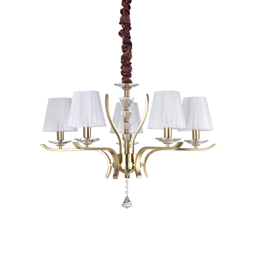 Lámpara colgante Ideal Lux Pegaso latón cristal y tela 5 luces 140W Ø72cm 197722