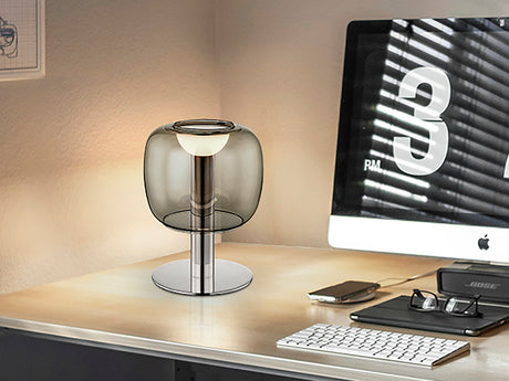 Lámpara de sobremesa Schuller Icon LED cromo y smoke cristal soplado 3000K 20cm 209212