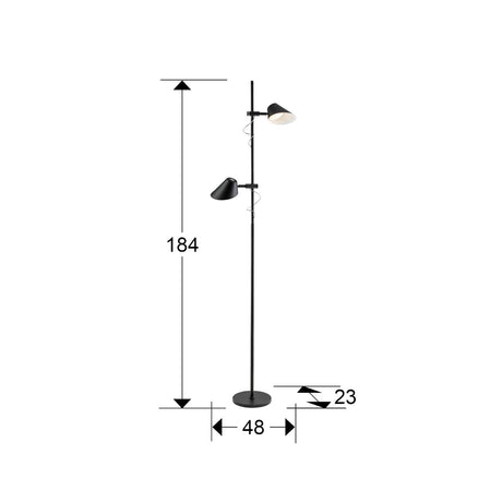 Lámpara de pie de salón Schuller Esino LED 2 luces negro CCT orientable con mando 184cm dimensiones