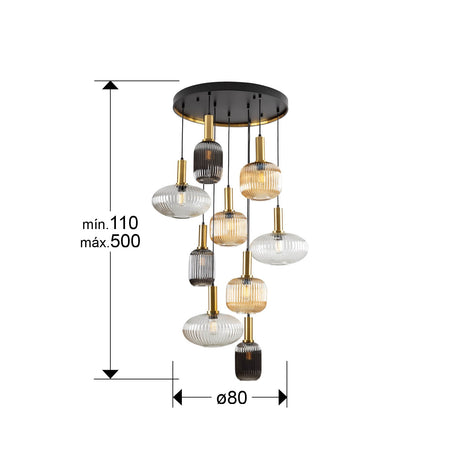 Lámpara de techo colgante Schuller Norma grande 9 luces negro y latón 5 metros Ø80cm 225090G dimensiones