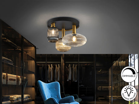 Plafón Schuller Norma 3 luces negro y latón Ø56cm 22534