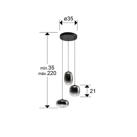 Lámpara de techo colgante Schuller Onice 3 luces negro y smoke difuminado dimensiones