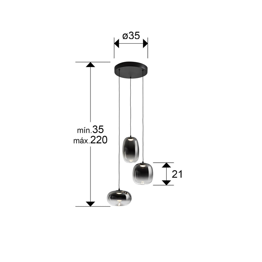 Lámpara de techo colgante Schuller Onice 3 luces negro y smoke difuminado dimensiones