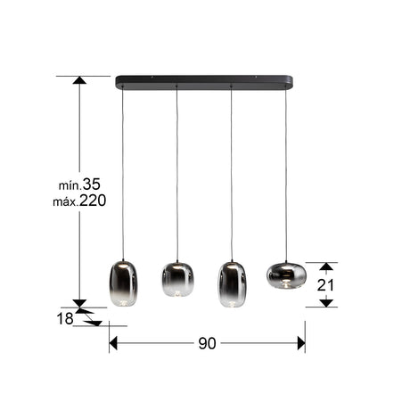 Lámpara de techo colgante Schuller Onice 4 luces negro y smoke difuminado dimensiones