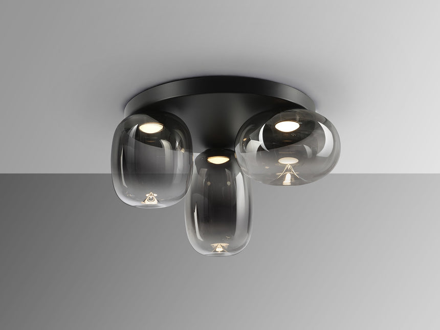 Plafón Schuller Onice LED 3 luces negro y smoke difuminado cristal soplado 3000K Ø42cm vista 3