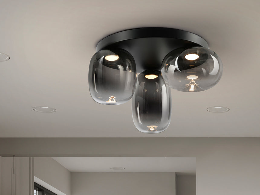 Plafón Schuller Onice LED 3 luces negro y smoke difuminado cristal soplado 3000K Ø42cm 314435