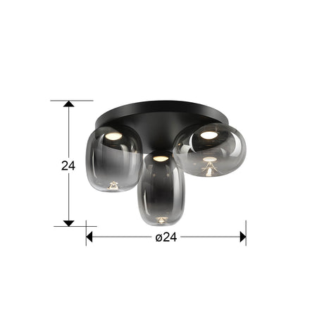 Plafón Schuller Onice LED 3 luces negro y smoke difuminado cristal soplado 3000K Ø42cm dimensiones
