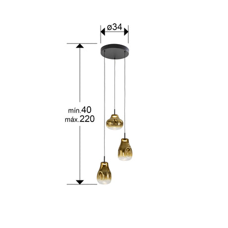 Lámpara de techo colgante Schuller Aledis 3 luces negro y dorado difuminado dimensiones