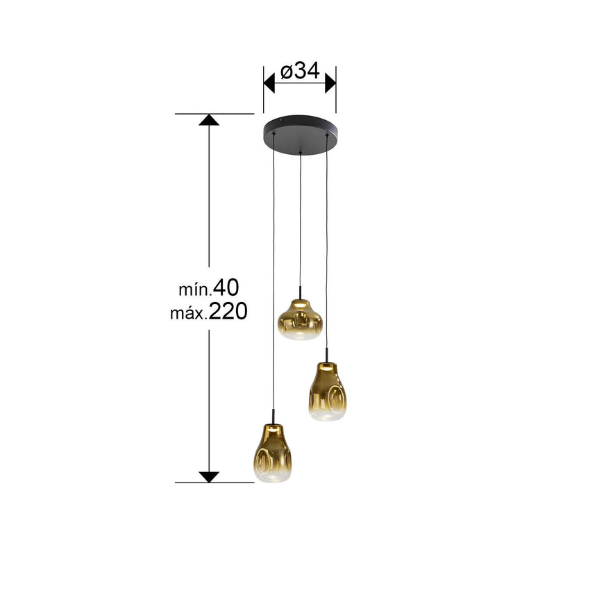 Lámpara de techo colgante Schuller Aledis 3 luces negro y dorado difuminado dimensiones