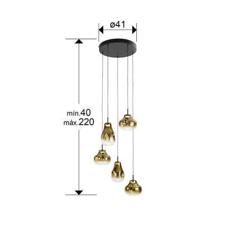 Lámpara de techo colgante Schuller Aledis 5 luces negro y dorado difuminado dimensiones