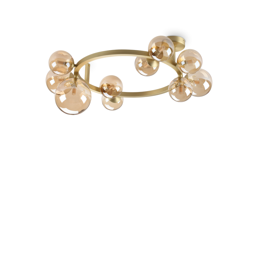 Plafón de techo Ideal Lux Perlage ámbar cristal 10 luces 150W Ø70cm 327808