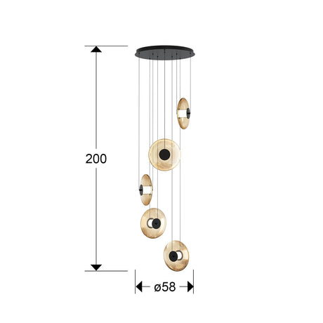 Lámpara de techo colgante Schuller Diabolo 5 luces negro y dorado 3000K 2 metros Ø58cm dimensiones