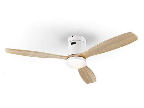 Ventilador de techo Schuller Siroco LED blanco y madera CCT regulable Ø132cm 329576D ambiente