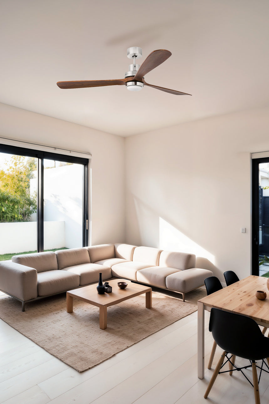 Ventilador de techo con luz Faro Lantau motor DC palas de madera LED nogal 3000K Ø168cm 3 palas 33463DC