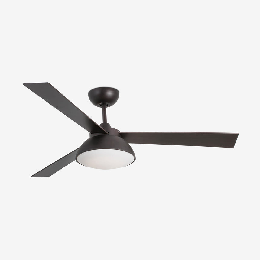 Faro Rodas Ventilador con luz cuerpo de acero y palas de plywood difusor de cristal