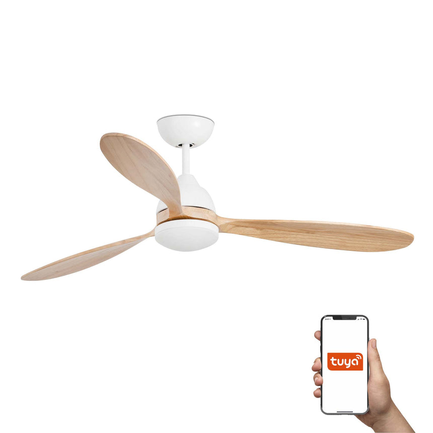 Ventilador de techo con luz Faro Poros L LED pino 3 palas motor DC 2700K Ø132cm 33524WT
