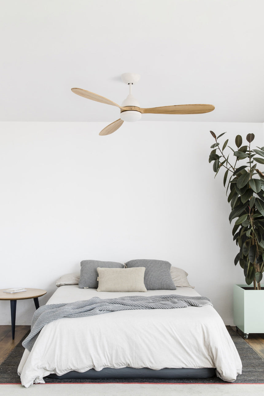 Faro POROS L LED Ventilador con luz cuerpo de acero y palas de madera difusor de cristal 33524