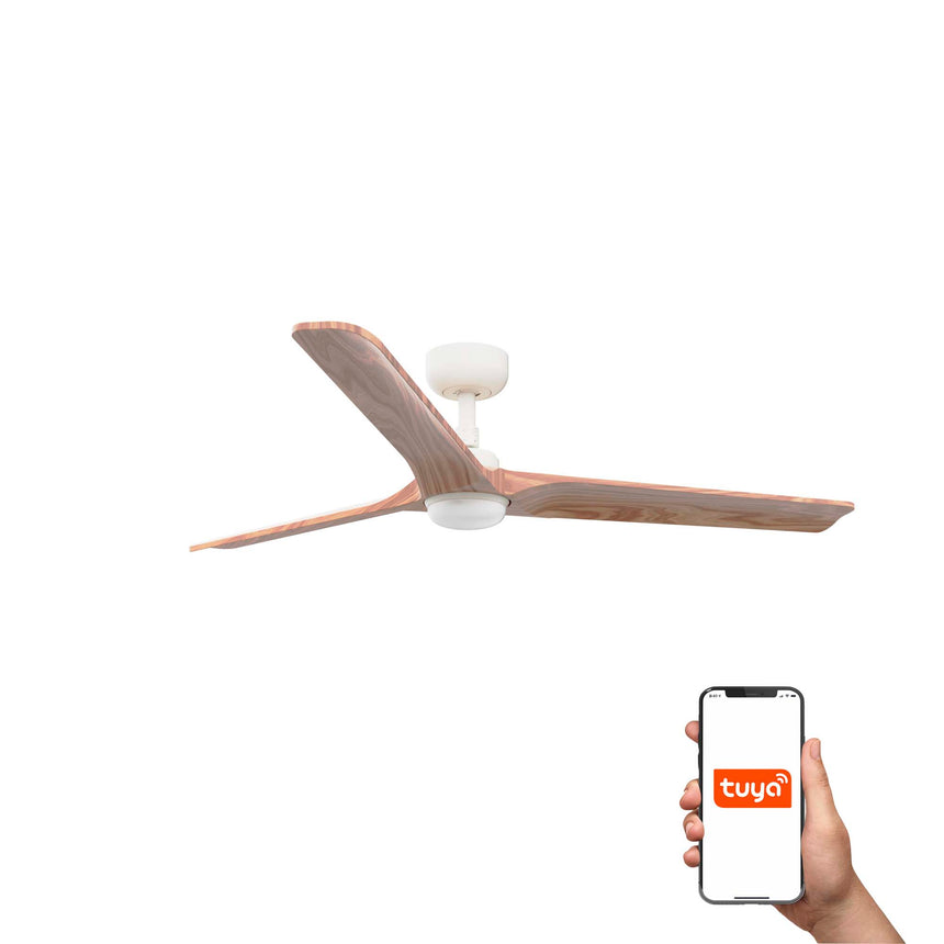 Ventilador de techo con luz Faro Heywood motor DC palas de madera LED pino 2700-6000K CCT Ø132cm 33810WT-1TW