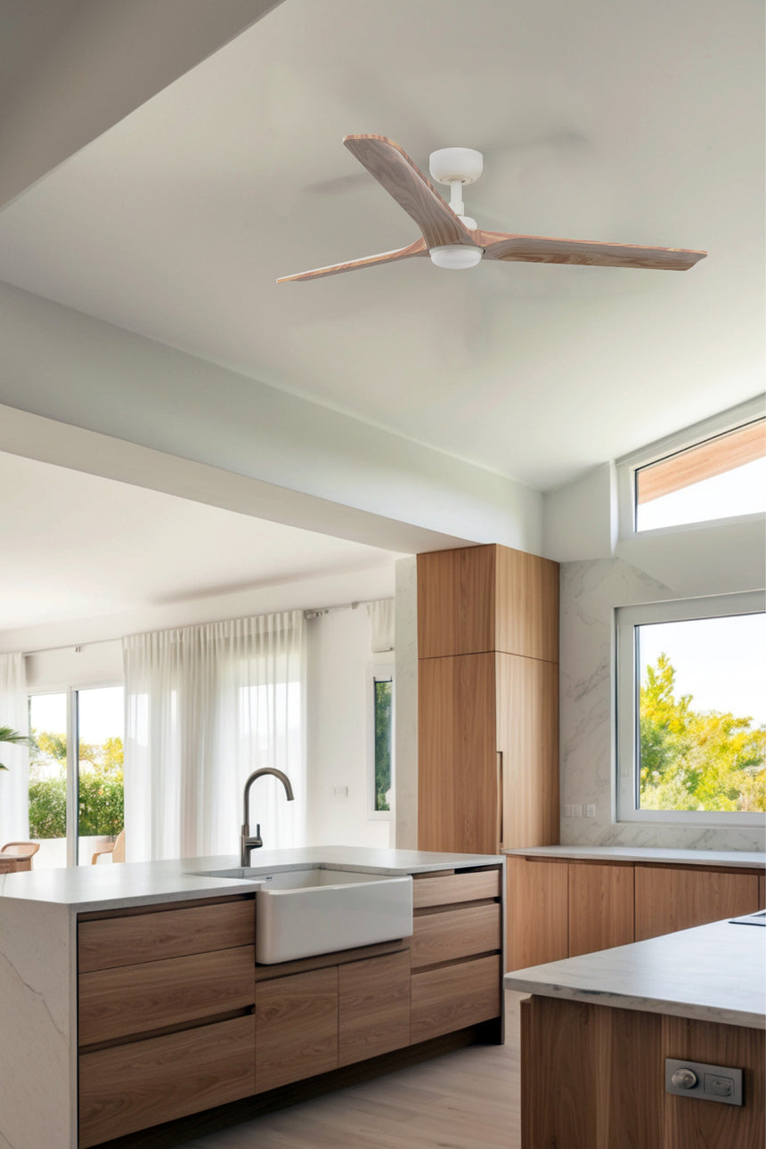 Ventilador de techo con luz Faro Heywood motor DC palas de madera LED pino 2700-6000K CCT Ø132cm 33810WT-1TW