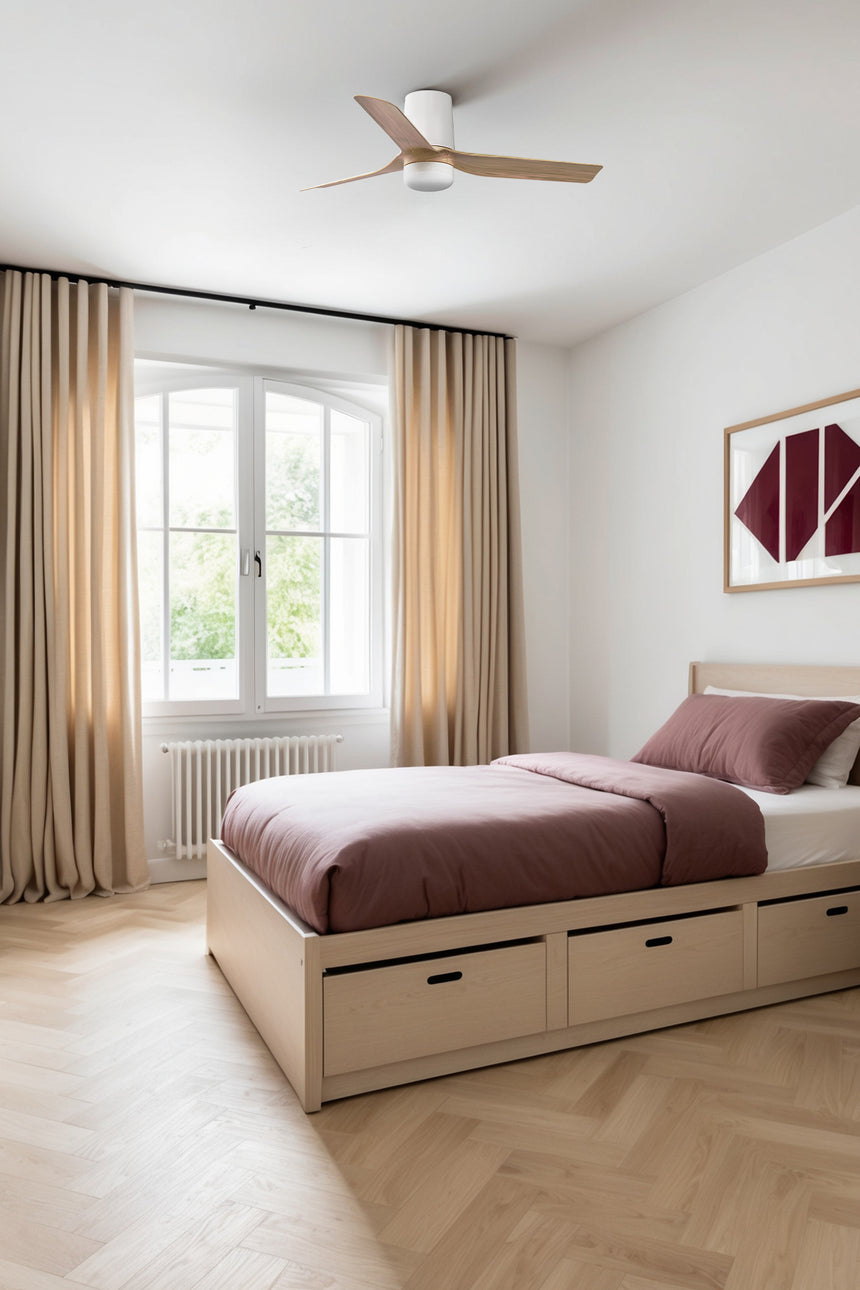 Ventilador de techo con luz Faro Mini motor DC LED arce 2700-6000K CCT Ø90cm 3 palas 33833WT-1TW