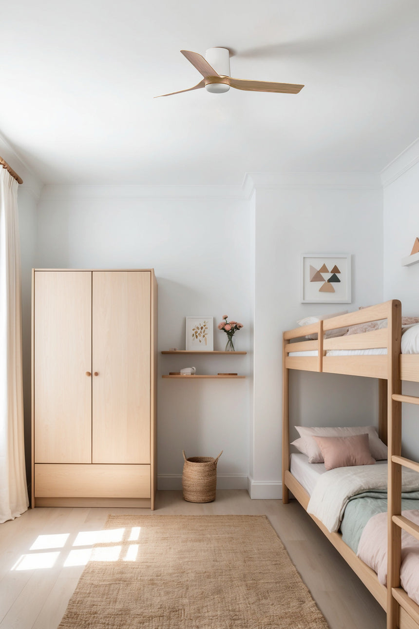 Ventilador de techo sin luz Faro Mini motor DC palas de madera blanco y madera Ø90cm 3 palas 33833