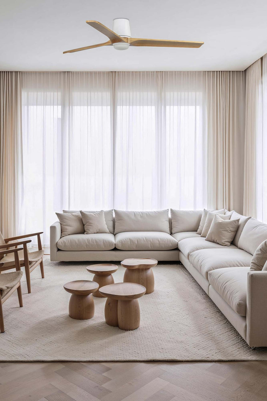 Ventilador de techo con luz Faro Heywood motor DC palas de madera LED pino 2700-6000K CCT Ø132cm 3 33838-1TW