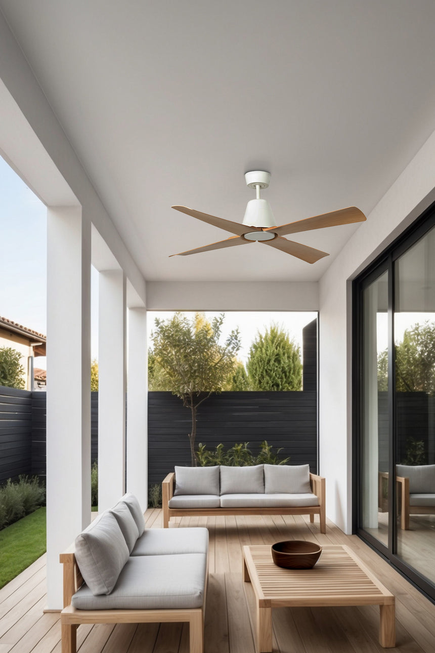 Ventilador de techo con luz Faro Typhoon motor DC palas de madera LED blanco y madera Ø127cm 4 palas 34105-130