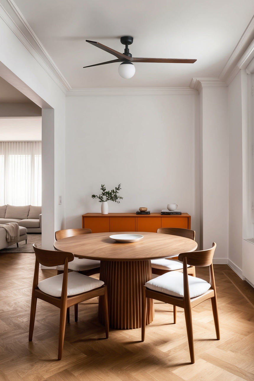 Ventilador de techo con luz Faro Klim motor DC palas de madera LED nogal oscuro Ø150cm 3 palas 342761B