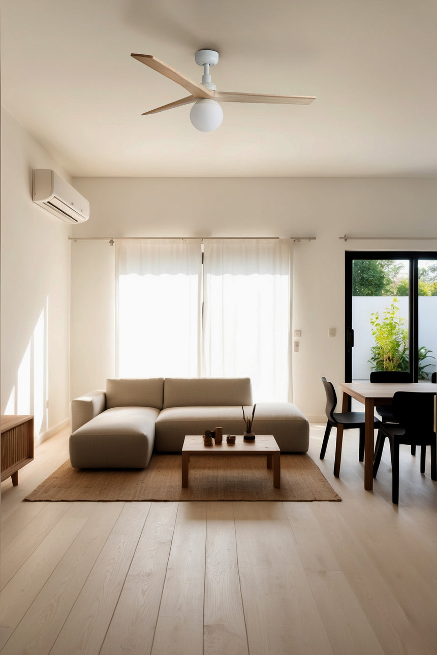 Ventilador de techo con luz Faro Klim motor DC palas de madera LED pino Ø125cm 3 palas 342801B