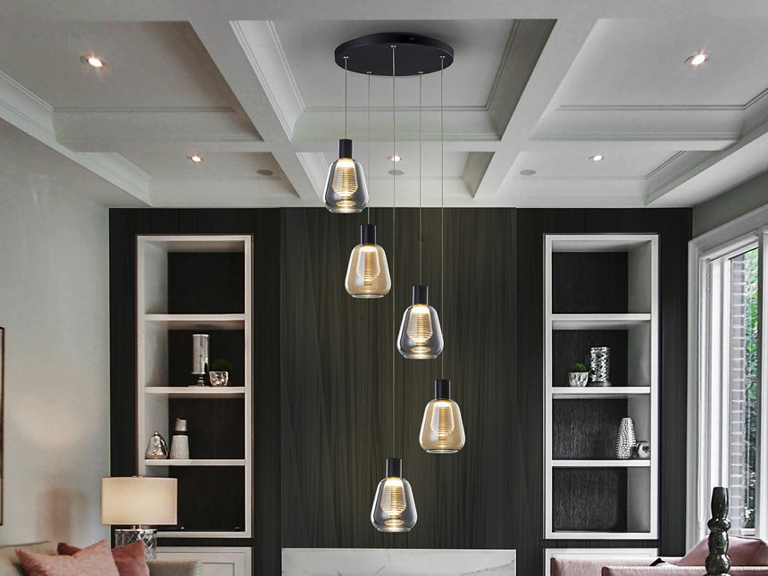 Lámpara de techo colgante Schuller Carisa 5 luces negro y ambar 3000K Ø40cm 343051