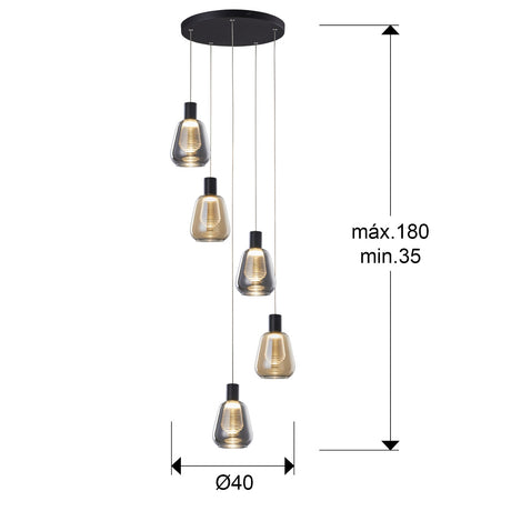 Lámpara de techo colgante Schuller Carisa 5 luces negro y ambar 3000K Ø40cm dimensiones