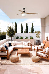 Ventilador de techo con luz Faro Outwood motor DC palas de madera LED roble IP44 Ø150cm 3 palas 343601B