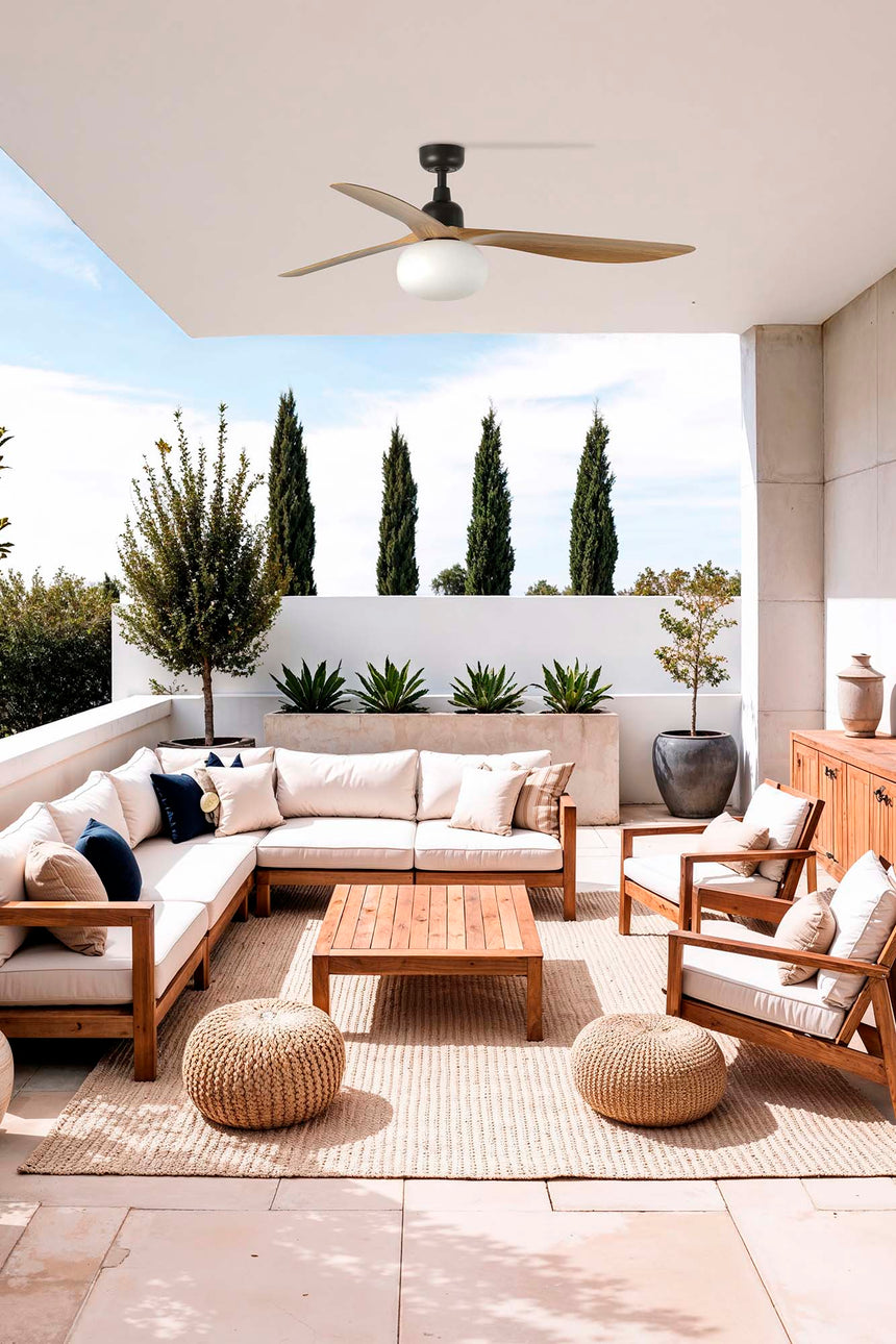 Ventilador de techo con luz Faro Outwood motor DC palas de madera LED roble IP44 Ø150cm 3 palas 343601B