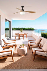 Ventilador de techo con luz Faro Outwood motor DC palas de madera LED roble IP44 Ø150cm 3 palas 34360WT1B