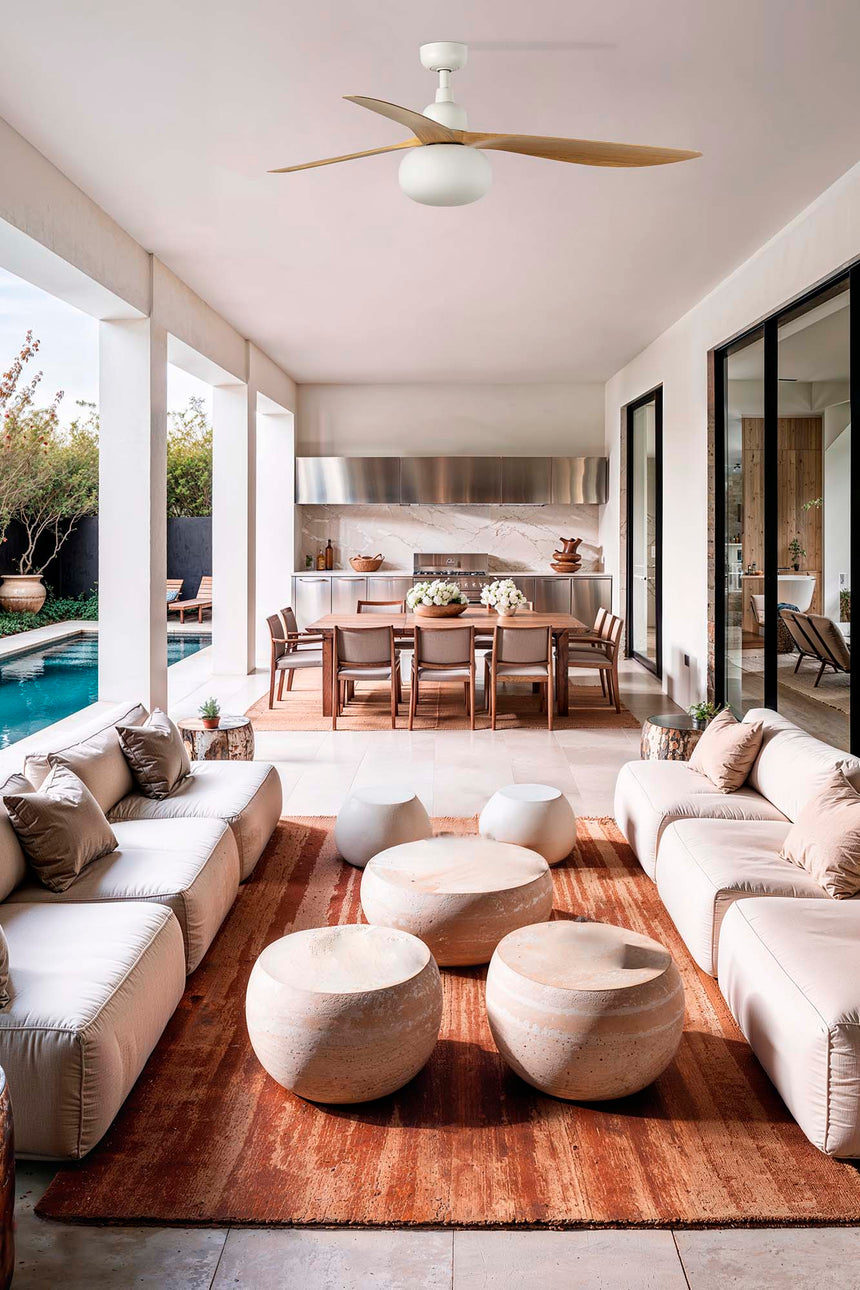 Ventilador de techo con luz Faro Outwood motor DC palas de madera LED roble IP44 Ø150cm 3 palas 34361WT1B