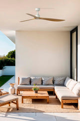 Ventilador de techo sin luz Faro Outwood motor DC palas de madera blanco y madera IP44 Ø150cm 3 palas 34361