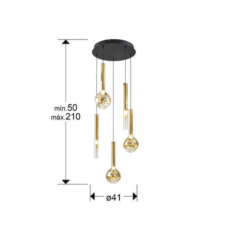 Lámpara de techo colgante Schuller Essenza 5 luces negro y dorado 3000K Ø41cm dimensiones