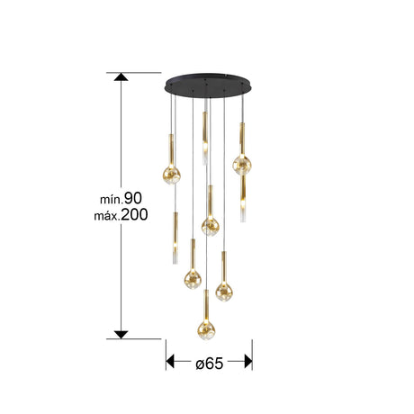 Lámpara de techo colgante Schuller Essenza 9 luces negro y dorado 3000K con mando Ø65cm dimensiones