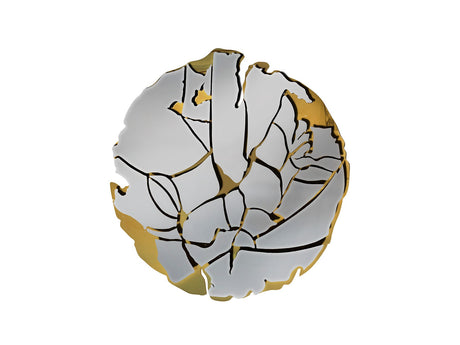Escultura de pared Schuller Fiorella dorado brillo y cromo acero inoxidable 110x110cm ambiente