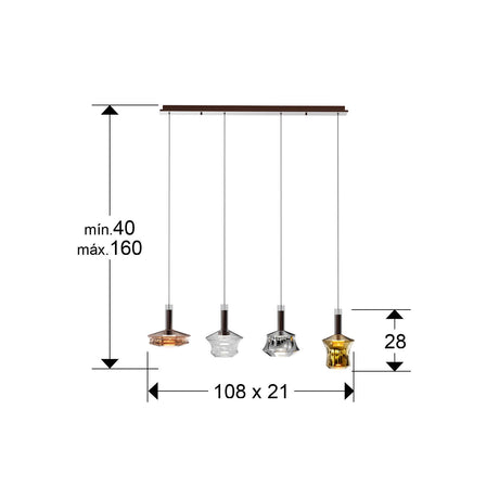 Lámpara de techo colgante Schuller Scarlett 4 luces bronce oscuro y varios colores 3000K dimensiones