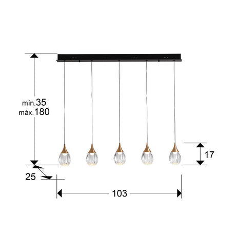 Lámpara de techo colgante Schuller Corina 5 luces negro y cobre 3000K dimensiones