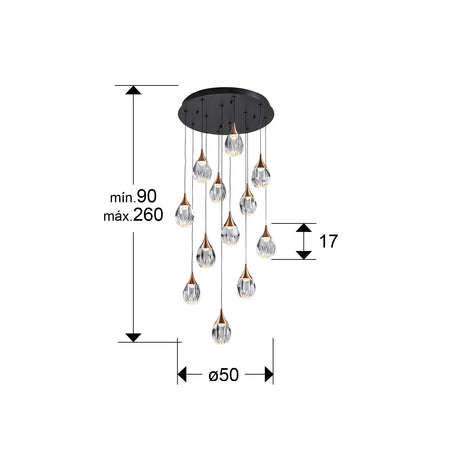 Lámpara de techo colgante Schuller Corina grande 12 luces negro y cobre 3000K Ø50cm dimensiones