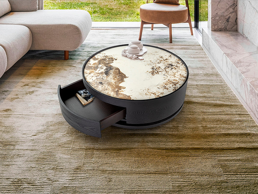 Mesa de centro Schuller Iza negro y mármol veteado giratoria con cajones 33cm 411905
