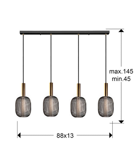 Lámpara de techo colgante Schuller Micrón 4 luces oro y negro 3000K dimensiones