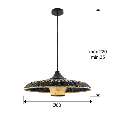 Lámpara de techo colgante Schuller Fiji negro y natural Ø60cm dimensiones
