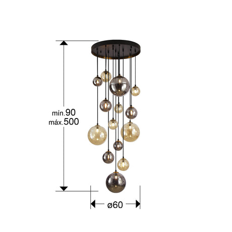 Lámpara de techo colgante bolas Schuller Dark grande 14 luces negro y latón 439015G dimensiones
